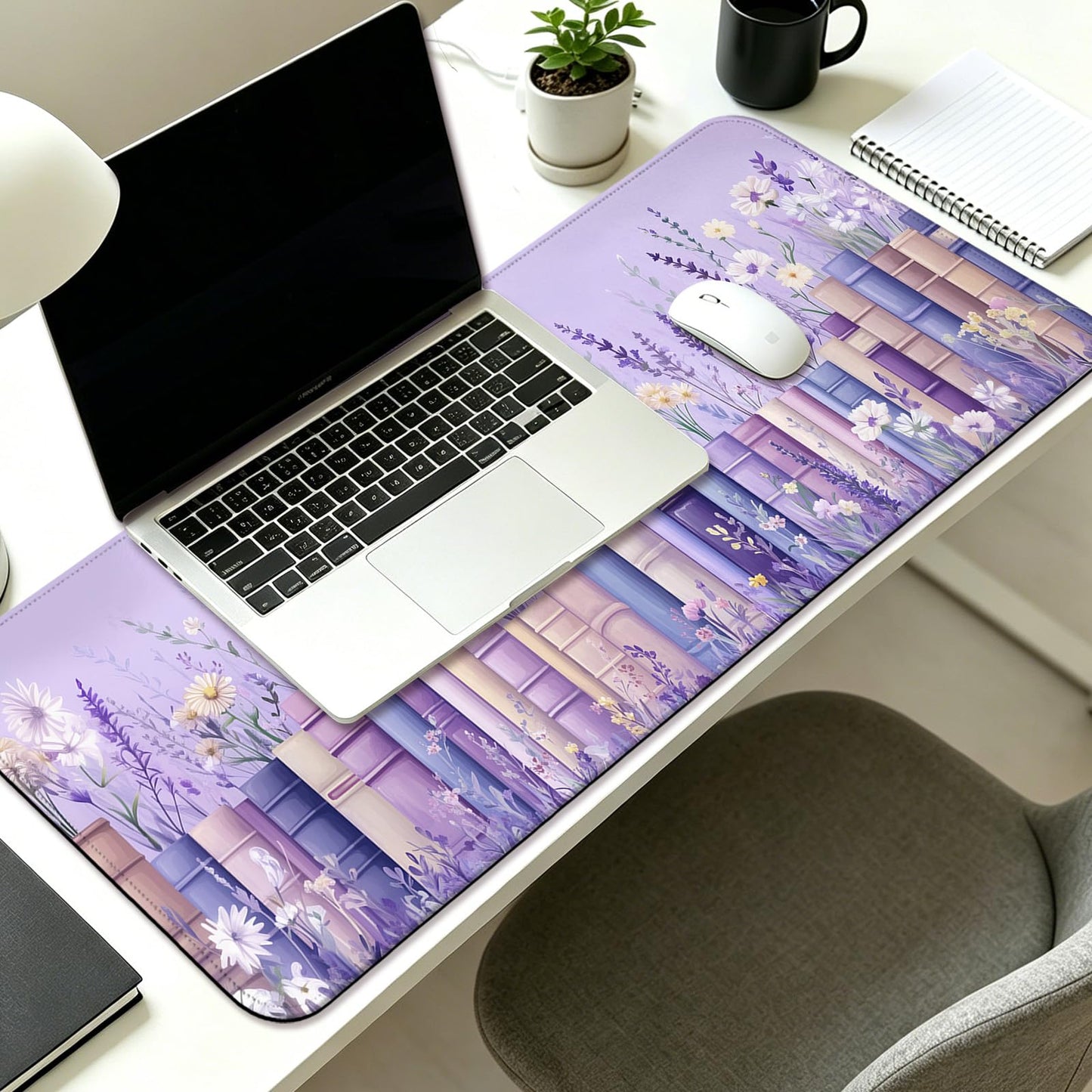 JIANG100 Pretty Wildflower and Book Gaming Desk Mat & Mouse Pad, Purple, XL