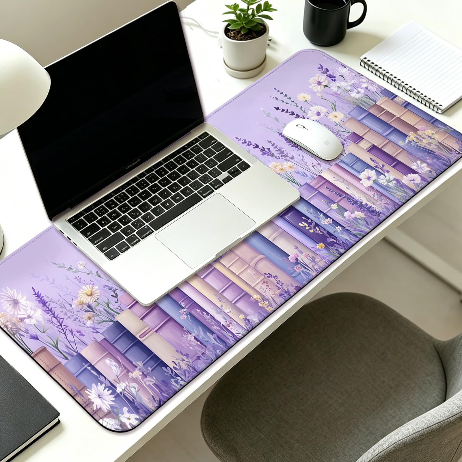 JIANG100 Pretty Wildflower and Book Gaming Desk Mat & Mouse Pad, Purple, XL