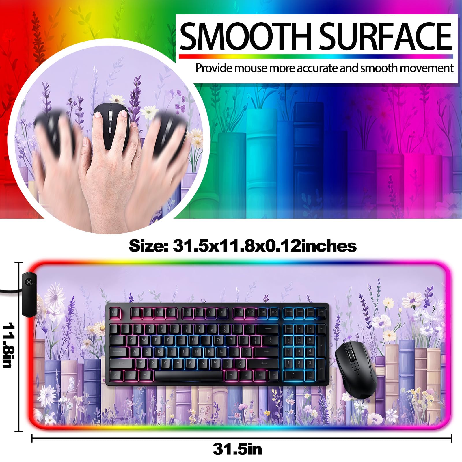 JIANG100 RGB Books Among Wildflowers Gaming Desk Mat & XL Mouse Pad, Purple