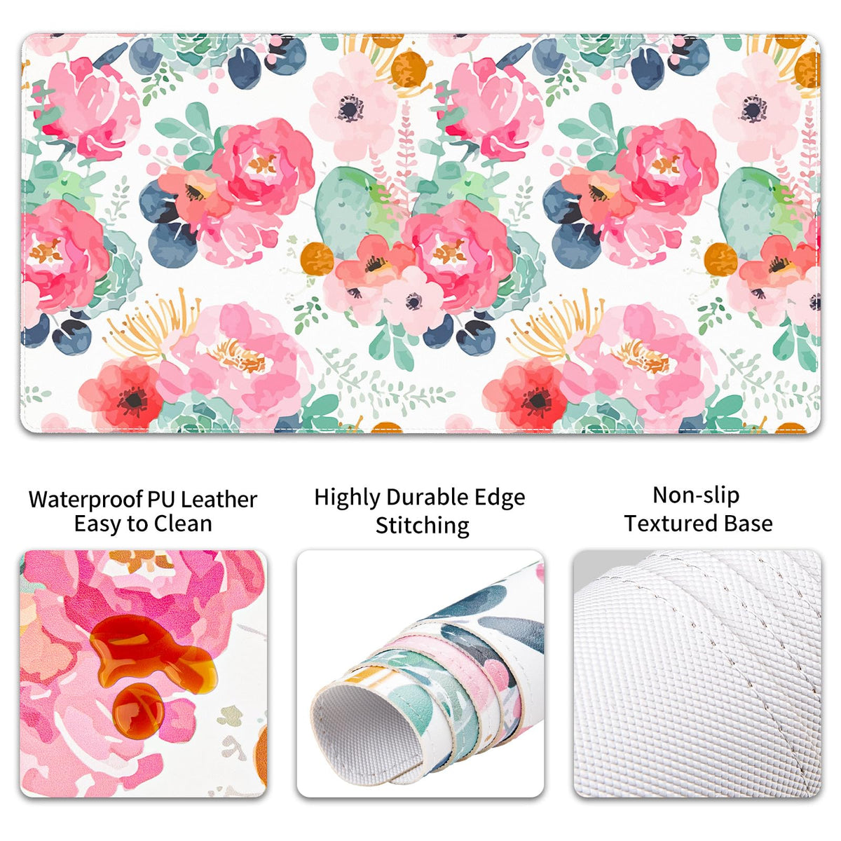 QiyI PU Leather Desk Mat Set, 4-in-1 Ergonomic Wrist Rest, Pink Flowers