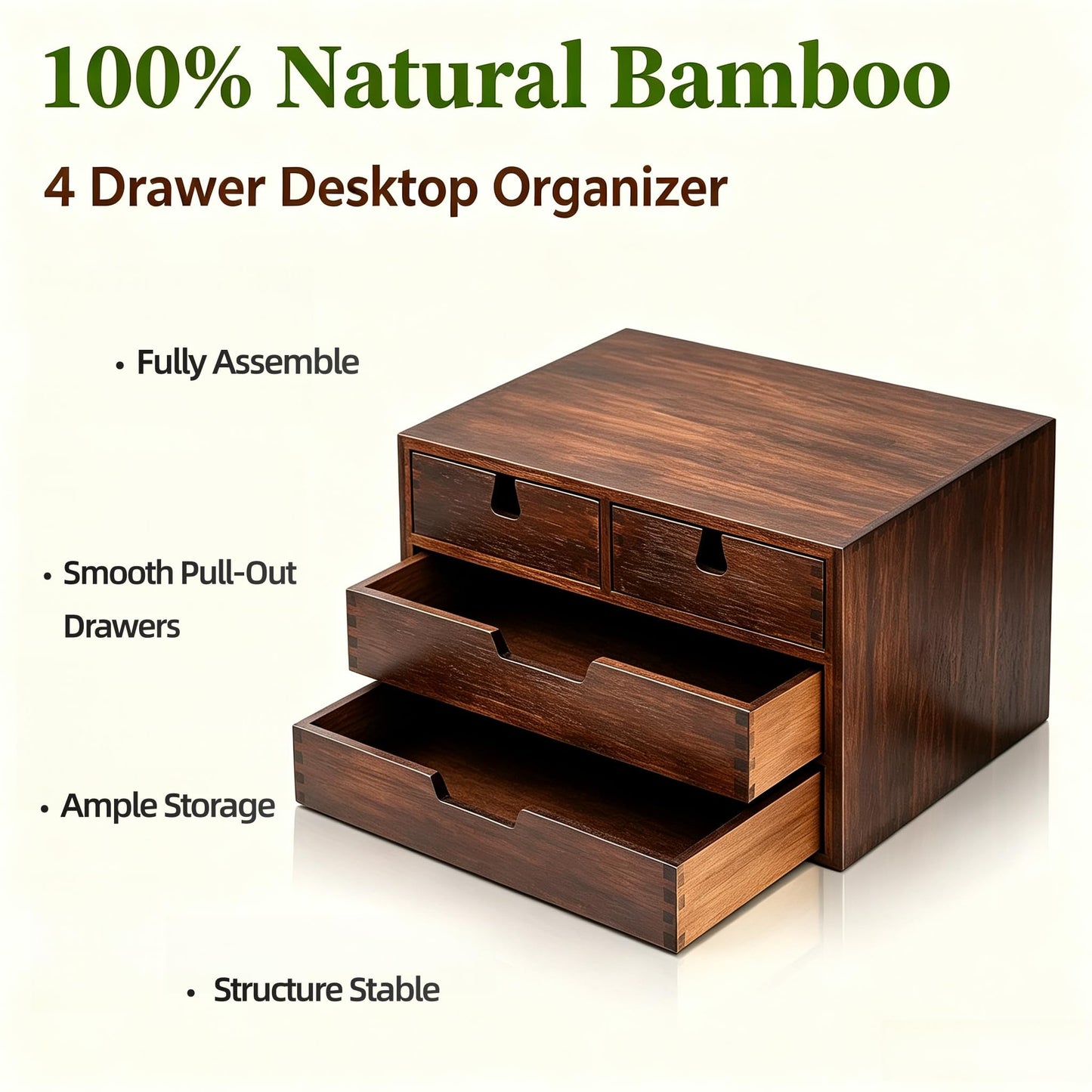 DEAYOU Bamboo Desk Organizer, 100% Natural Bamboo Desktop Drawer Organizer, Dark Brown Tabletop