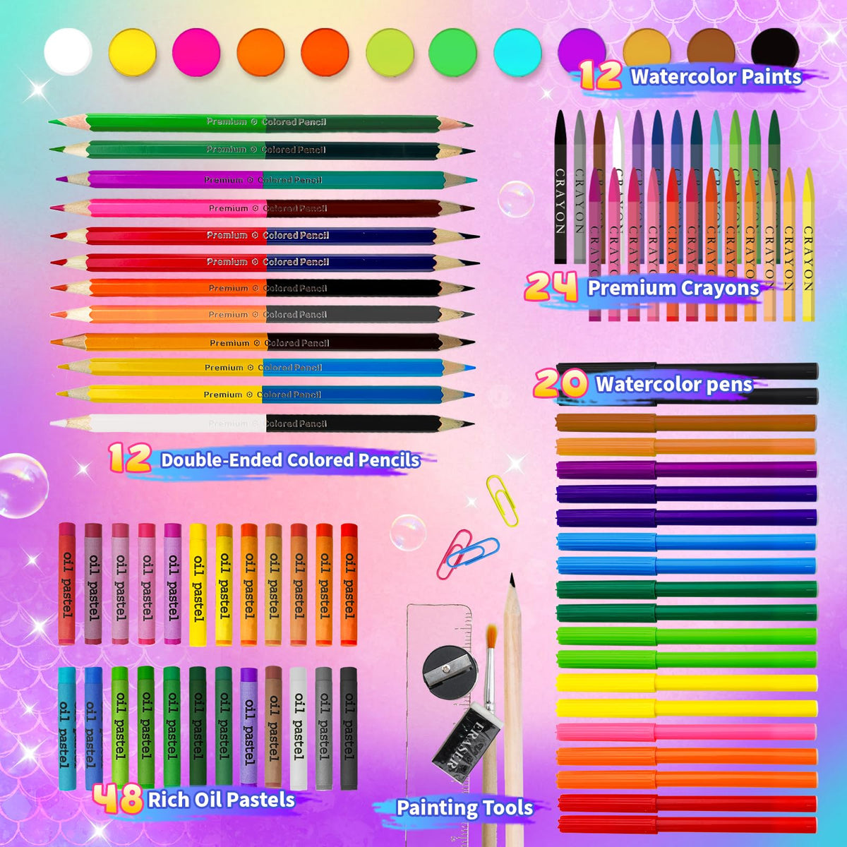 Cokiki Mermaid Art Set for Kids, 184 Piece Drawing Art Kit