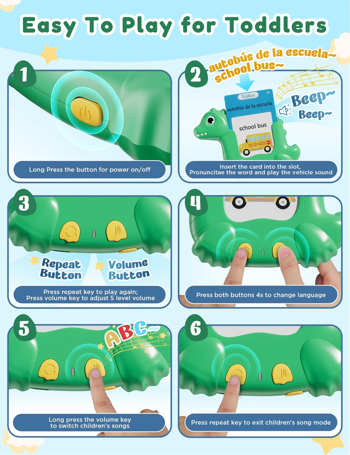 Spanish and English Talking Flash Cards for Kids, 510 Words, Dino Shaped