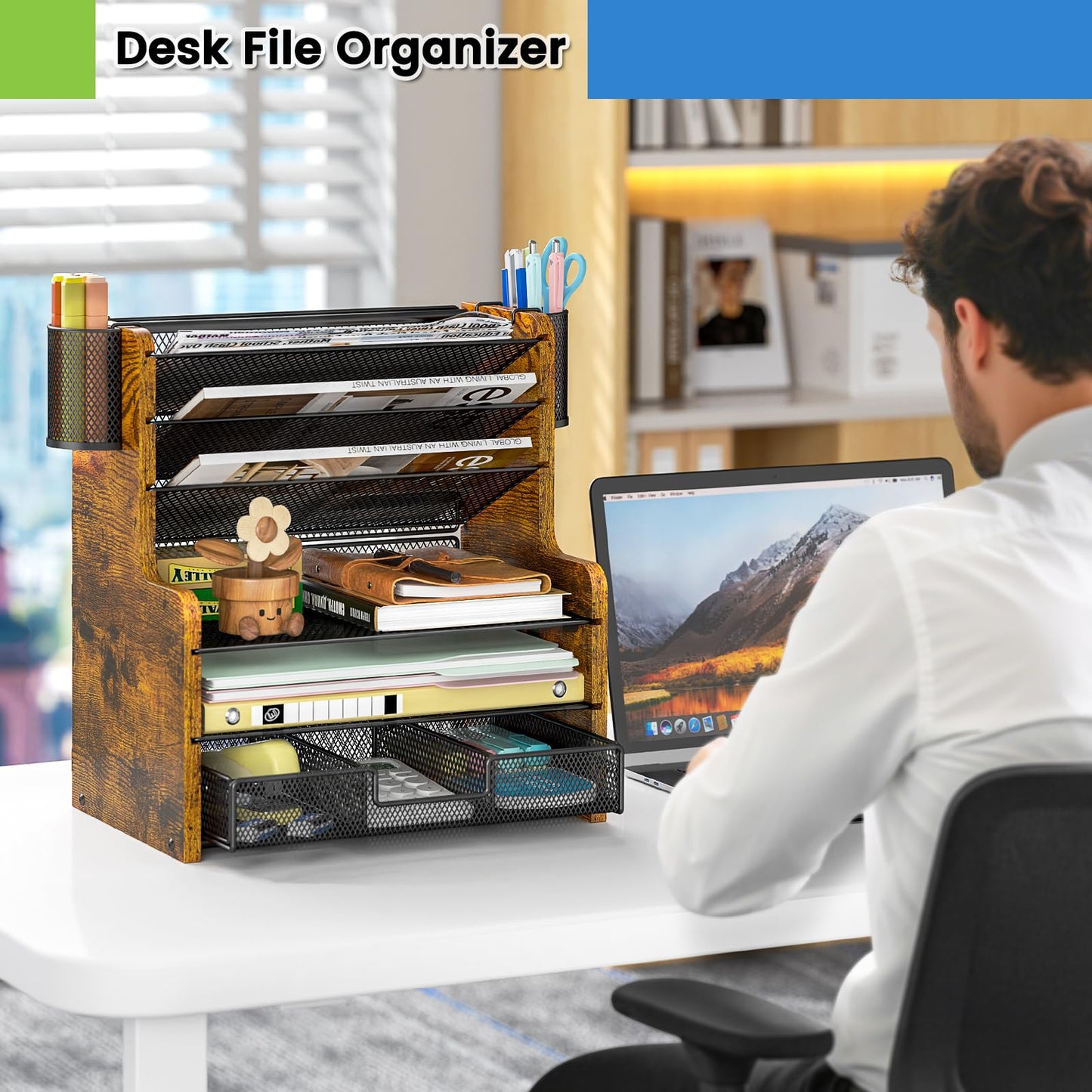 DAOUTIME 6-Tier Mesh Desk Organizer with Drawer, Wooden Office Organizer for Papers, Folders &