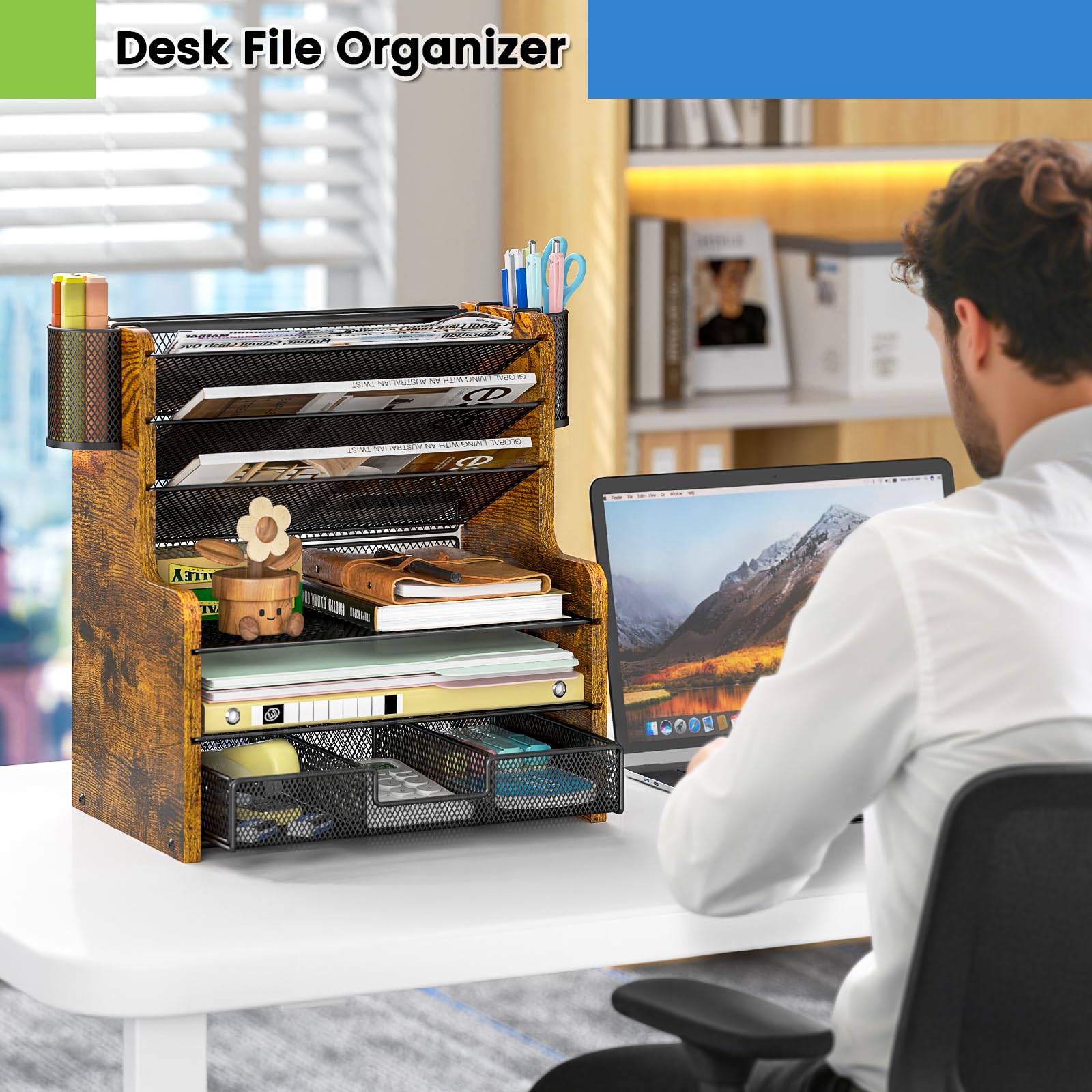 DAOUTIME 6-Tier Mesh Desk Organizer with Drawer, Wooden Office Organizer for Papers, Folders &