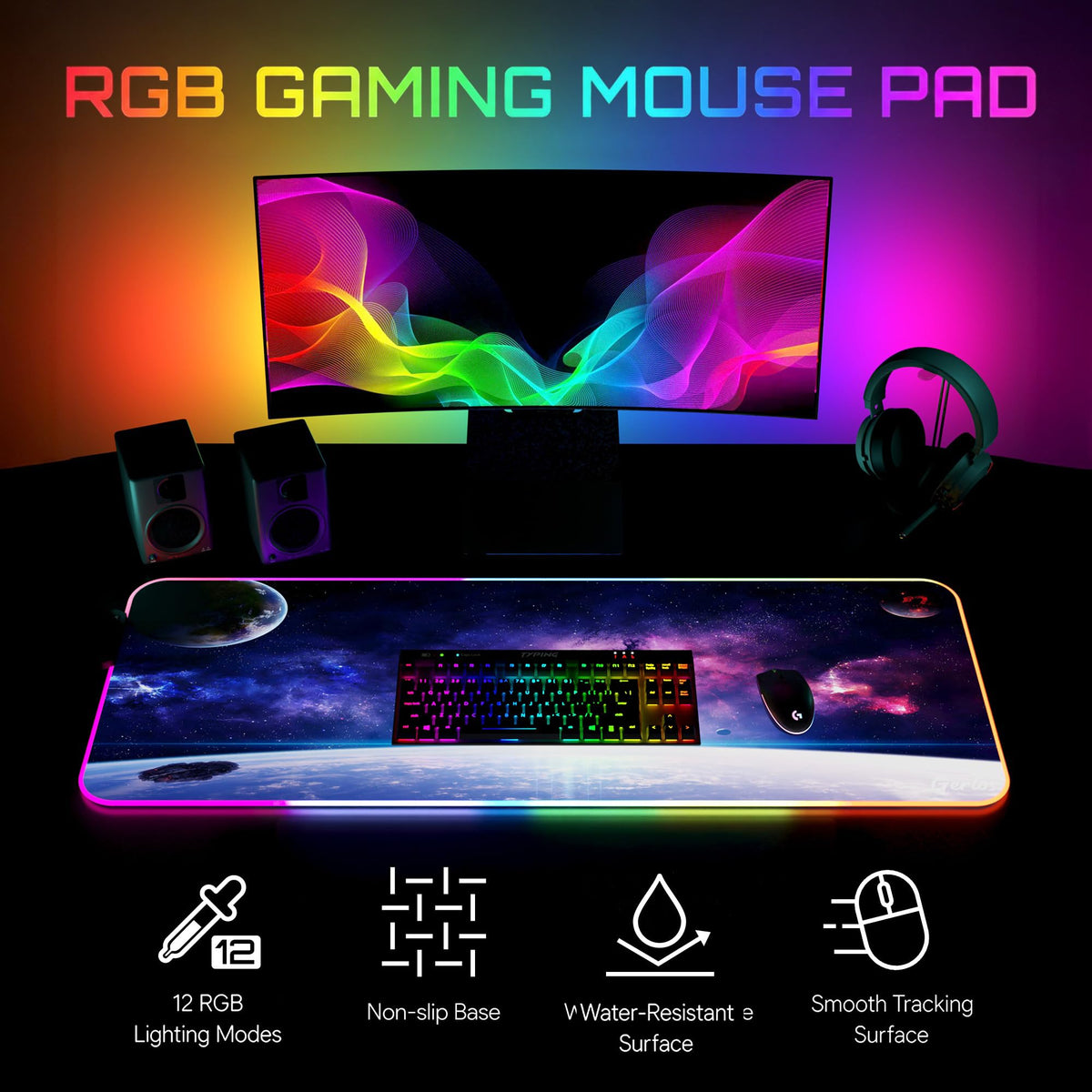 Gerlos RGB Gaming Mouse Pad, Large LED Desk Mat for Gamer, 31.5" x 11.8"