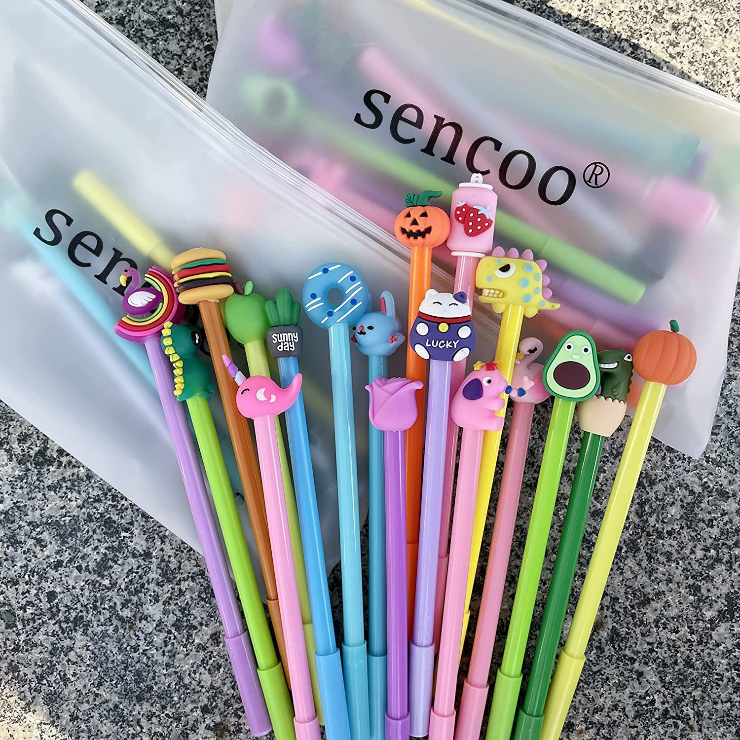 sencoo 24 pack Cute Cartoon Gel Blue Ink Pens Assorted Style Writing Birthday Present School Prize