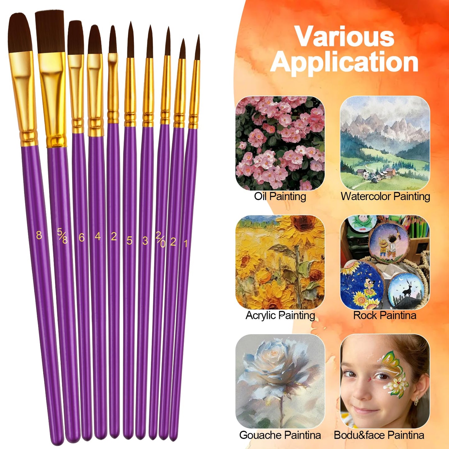Paint Brushes Set, 24 Pack 240 Pcs Round-Pointed Tip Paintbrushes Nylon Hair Artist Acrylic Paint