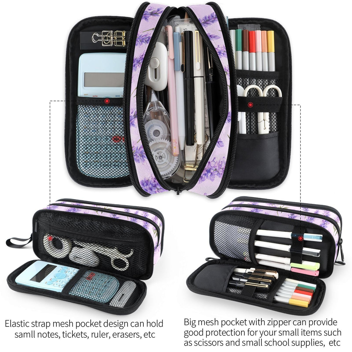 Fustylead Watercolor Vintage Lavender Flowers Pencil Pen Case with 3 Compartments, Lightweight &