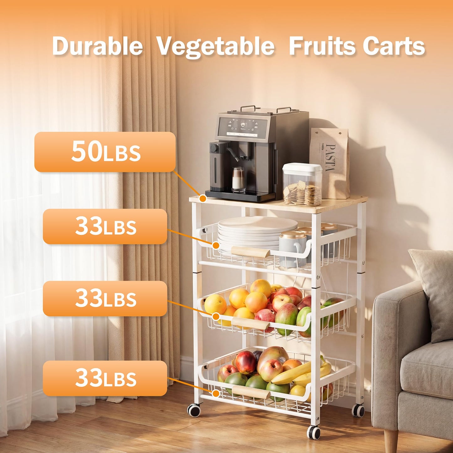 JAQ Slide Out Fruit Vegetable Basket for Kitchen, 4-Tier Rolling Storage Cart with Wooden Handle &