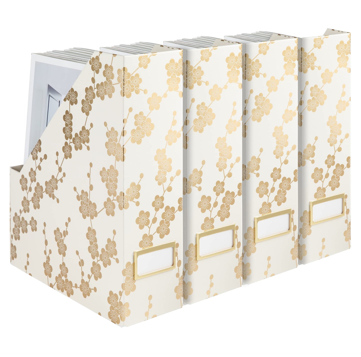 BLU MONACO | Set of 4 Foldable Magazine Storage Boxes with Gold Floral Pattern | Decorative