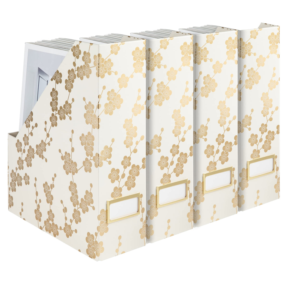 BLU MONACO | Set of 4 Foldable Magazine Storage Boxes with Gold Floral Pattern | Decorative