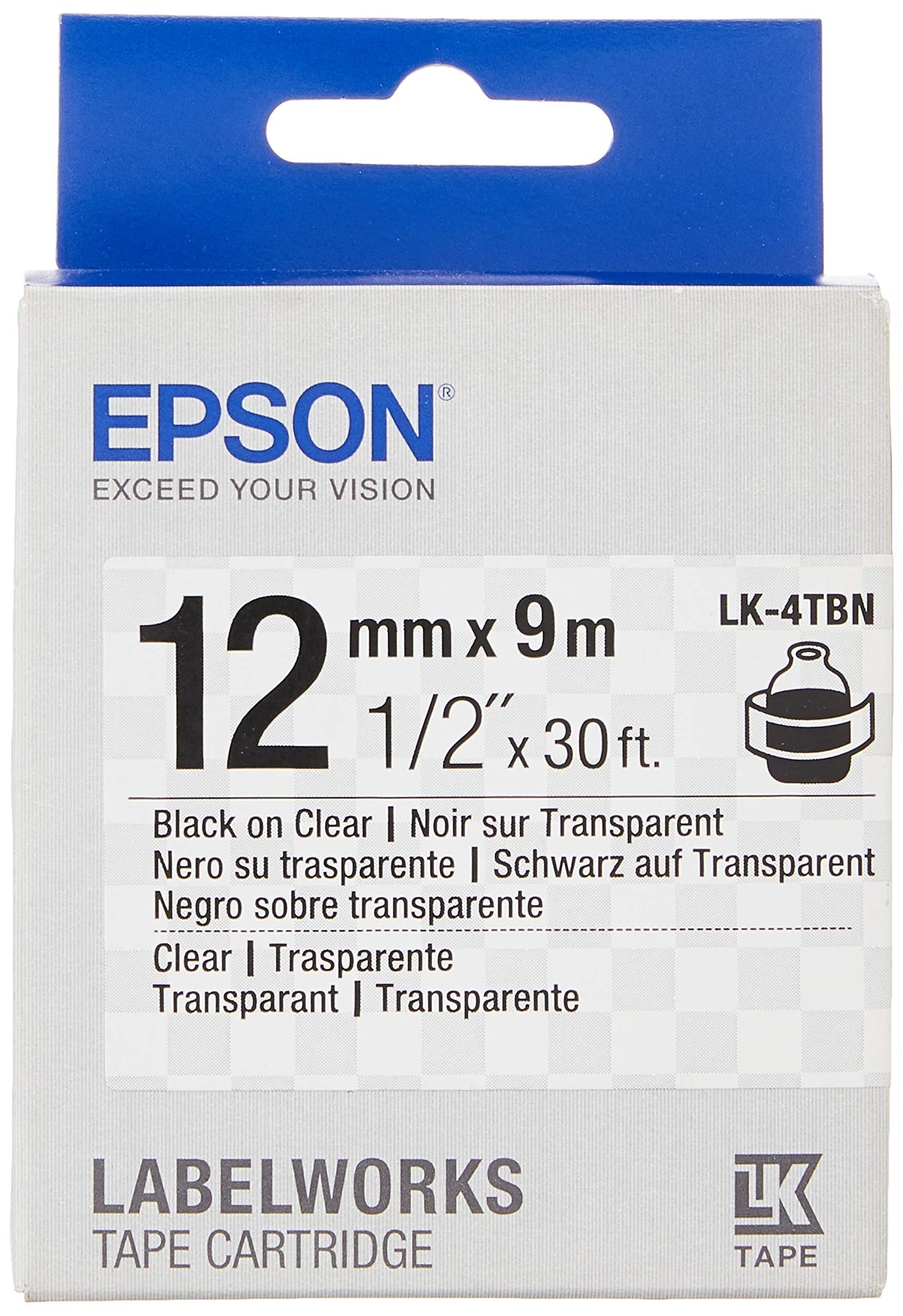 Epson LabelWorks Tape Cartridge 1/2" Black on Clear (LK-4TBN) - for use with LW-300, 400, 600P, 700