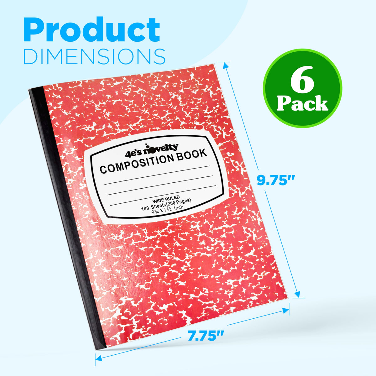 4E's Novelty Wide Ruled Composition Notebooks - Pack of 6- Hard Cover 100 Sheets 9.75" x 7.5" - Red