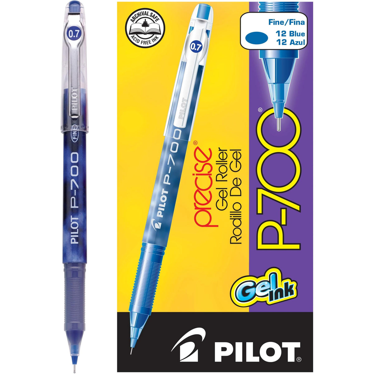 PILOT Precise P-700 Rolling Ball Stick Pens, 0.7mm, Blue, 12-Pack