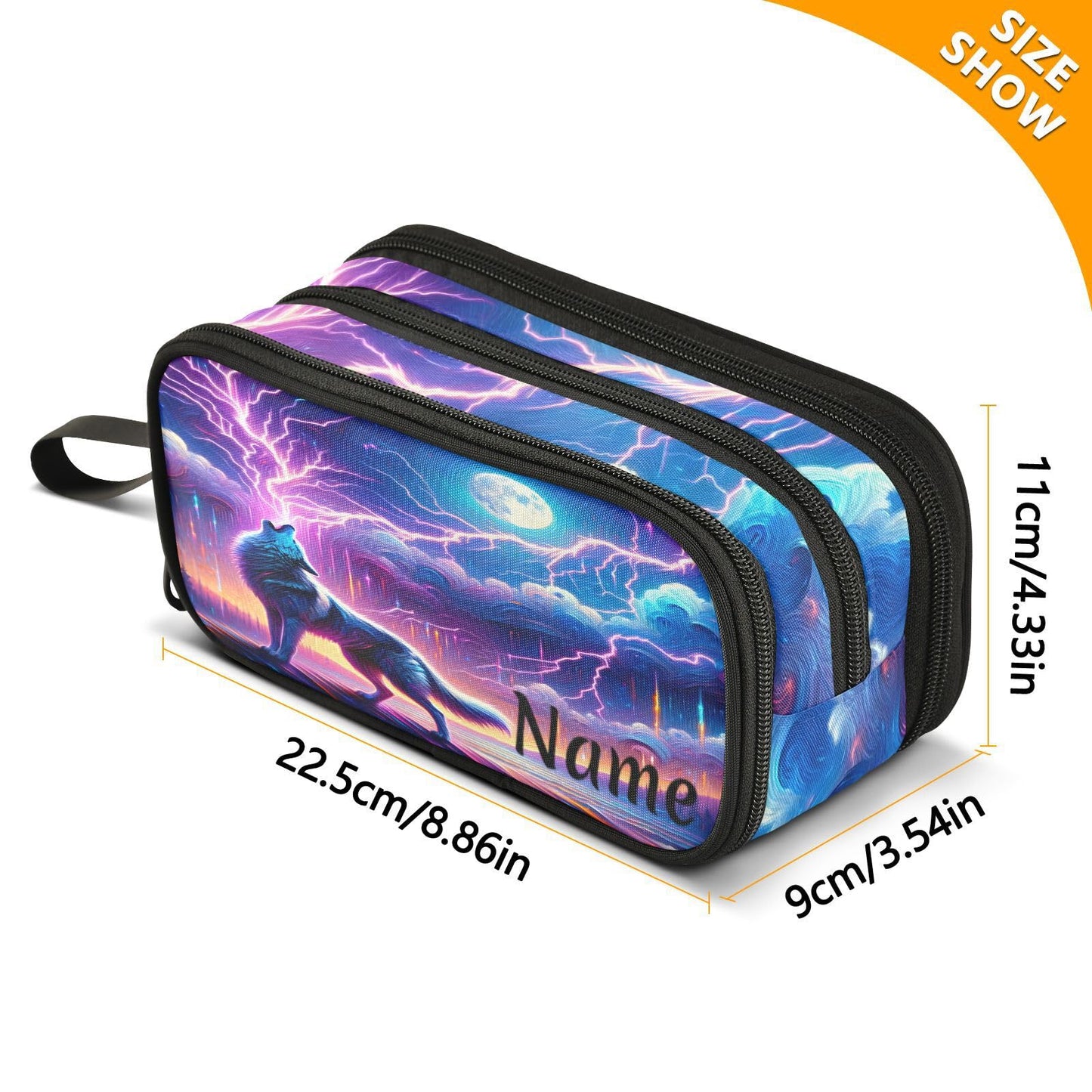 BOENLE Custom Wolf Howling Moon Lightning Pencil Case Box Boys Girls Personalized Name Large Pencil