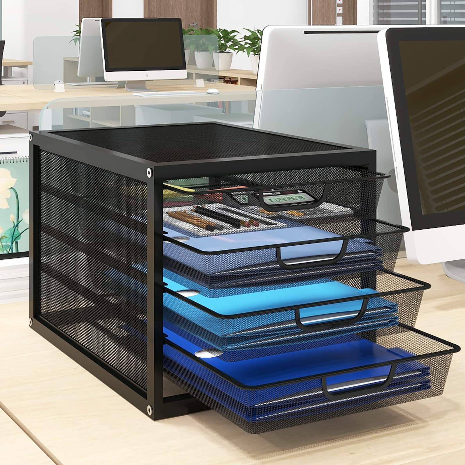 Natwind Mesh Desk Organizer with 4 Tier Sliding Drawers,Black