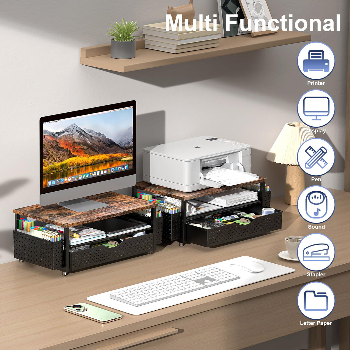 Spacrea Desk Organizers and Accessories, Printer Stand with Storage, Wood