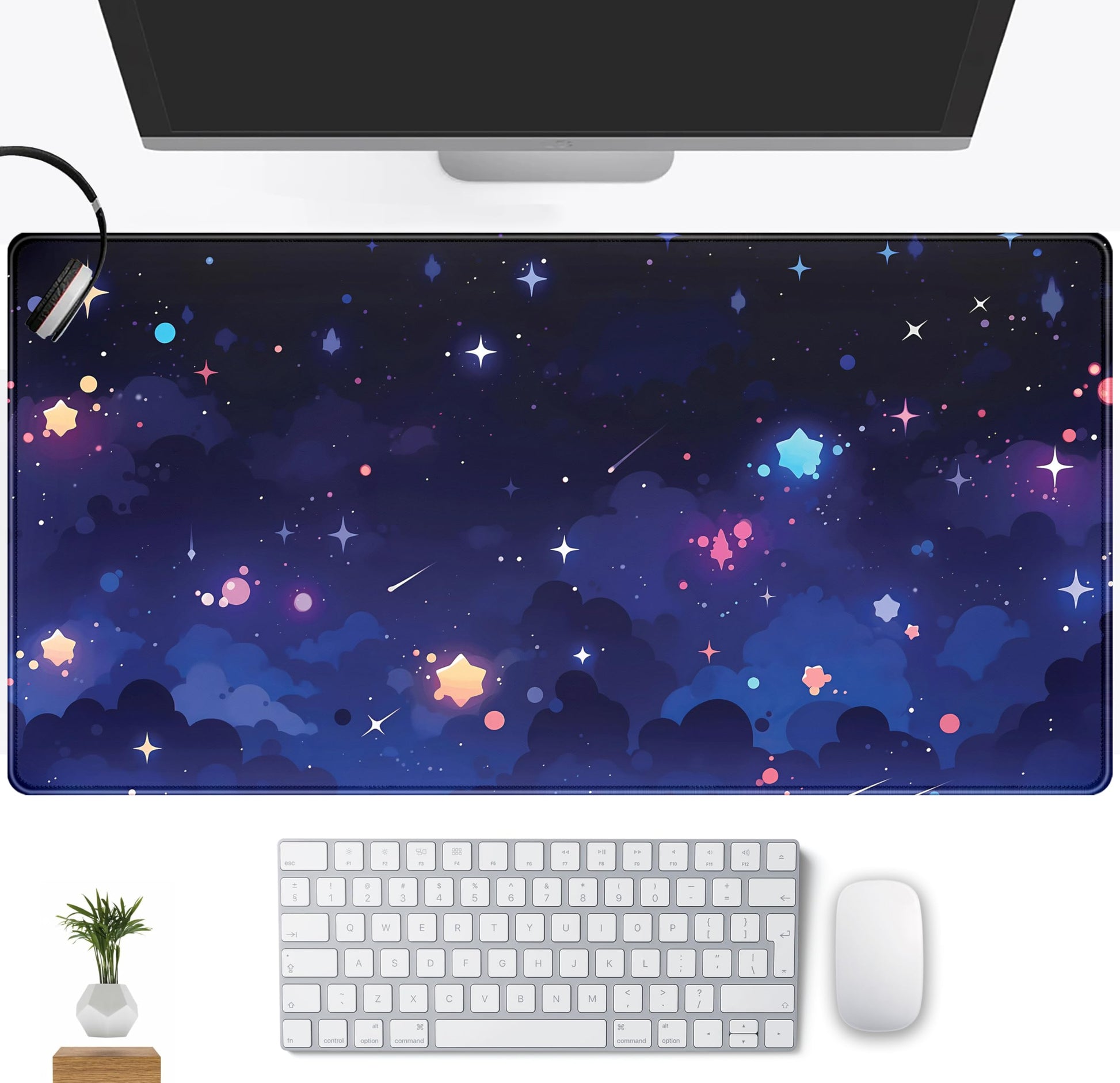 Blue Stars Desk Mat Cute Cloud Desk Pad, Aesthetic Starry Sky Mouse Mat Gaming Mousepad XXL, Extra