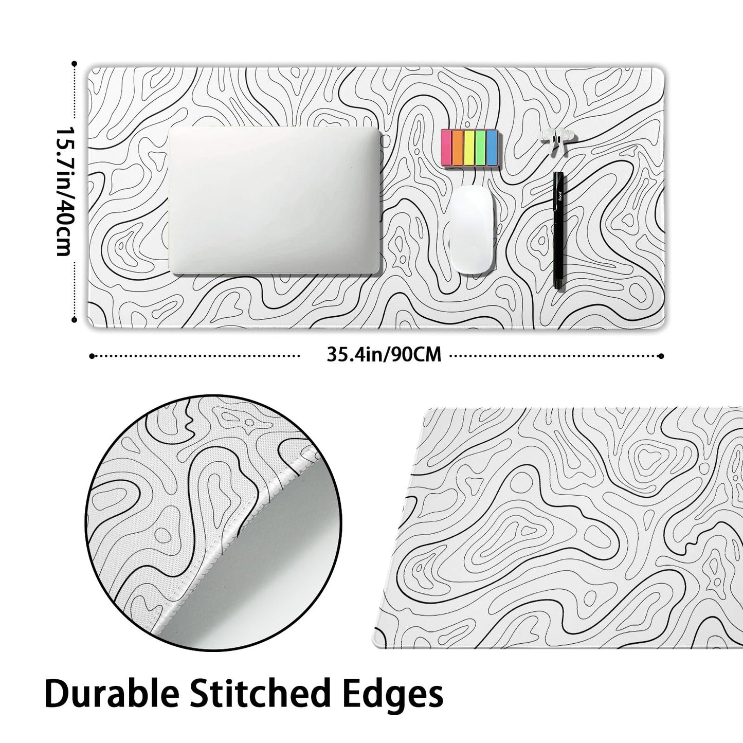 White Topographic Contour Gaming Mouse Pad XXL Geographic Map Lines Minimalist Extended Large Mat