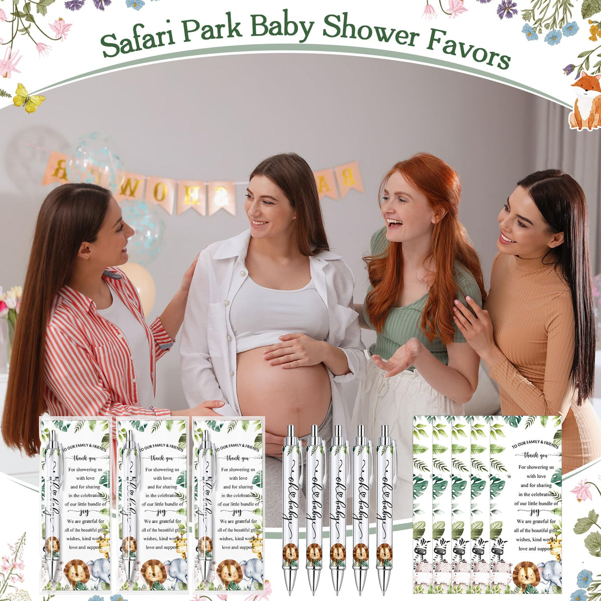Dinifee 36 Sets Safari Baby Shower Favor, Ballpoint Pen with Greeting Card