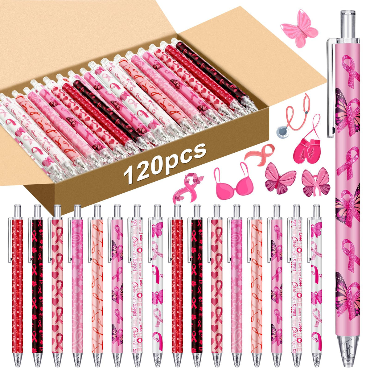 Leinuosen 120 Pcs Breast Cancer Awareness Pens Ribbon Ballpoint Pens