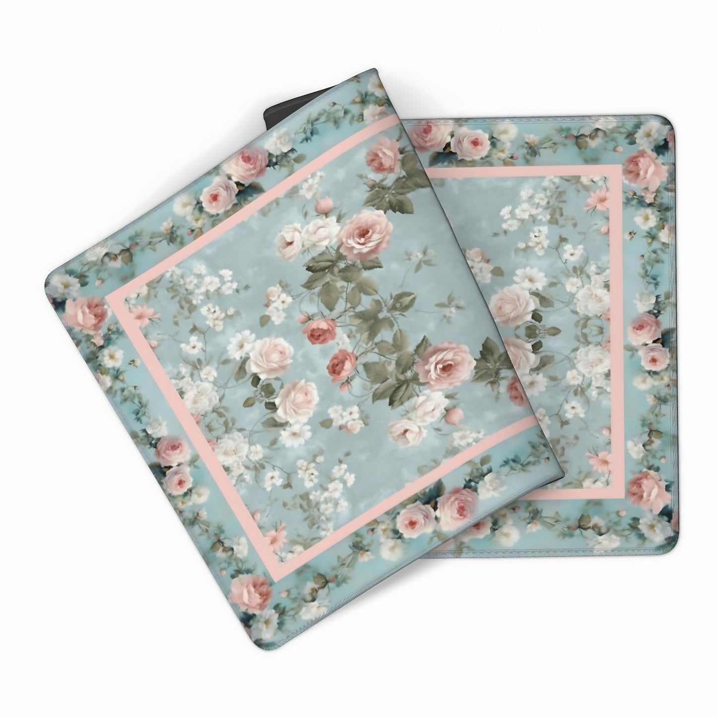Floral Aesthetic Rose Gaming Mouse Pad, Muted Green Rug Desk Mat with Anti-Slip Base & Stitched