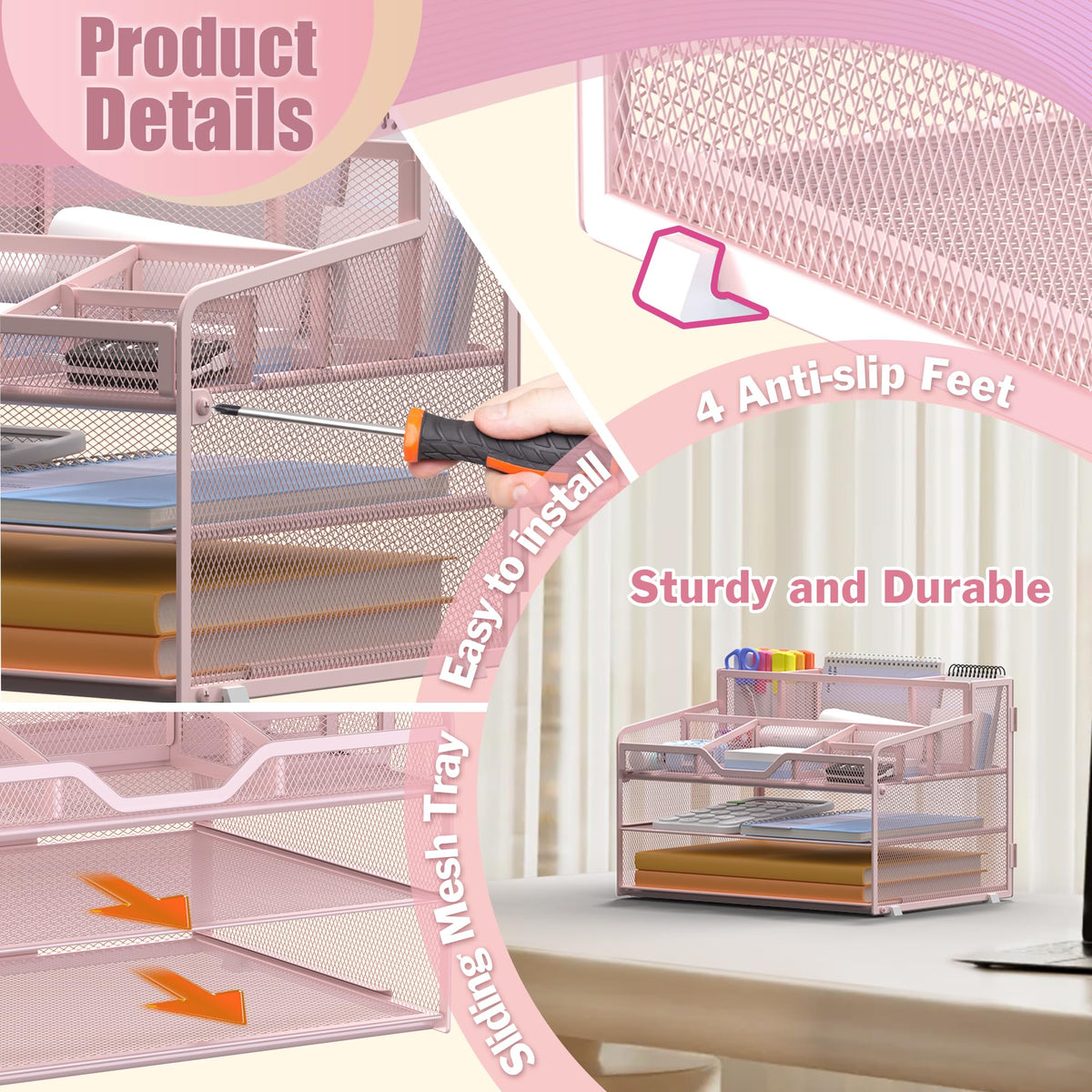 Docnest 3 Tier Mesh Desk Organizer with Letter Tray & Paper Sorter, Pink