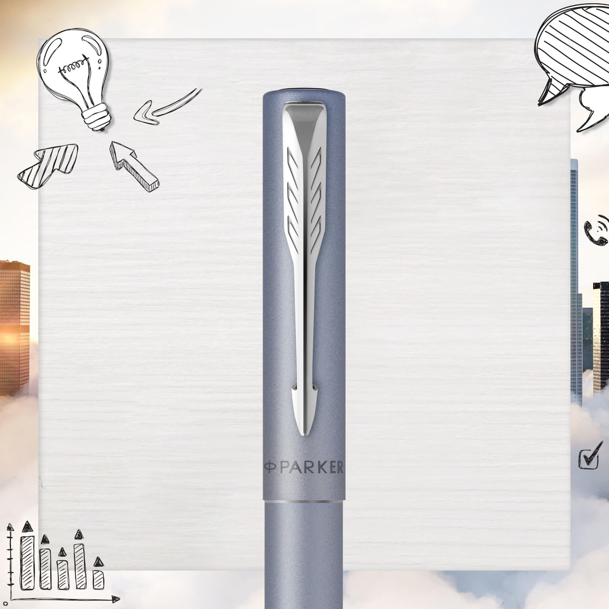 Parker Vector XL Fountain Pen | Metallic Silver-Blue Lacquer on Brass | Medium Nib with Blue Ink