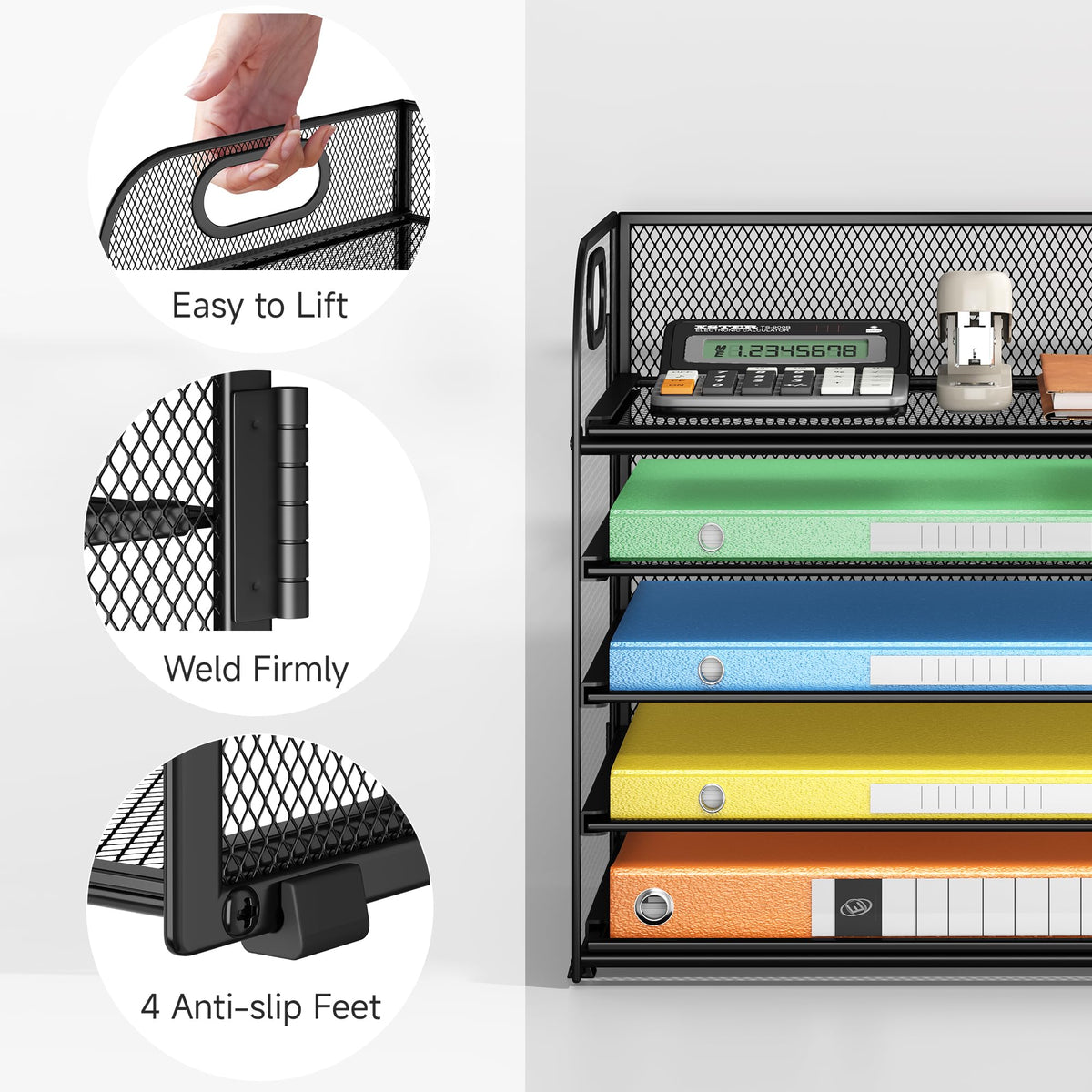 Lavatino 5 Tray Desk File Organizer, Black Mesh Paper Sorter Letter Tray Organizer with Handle