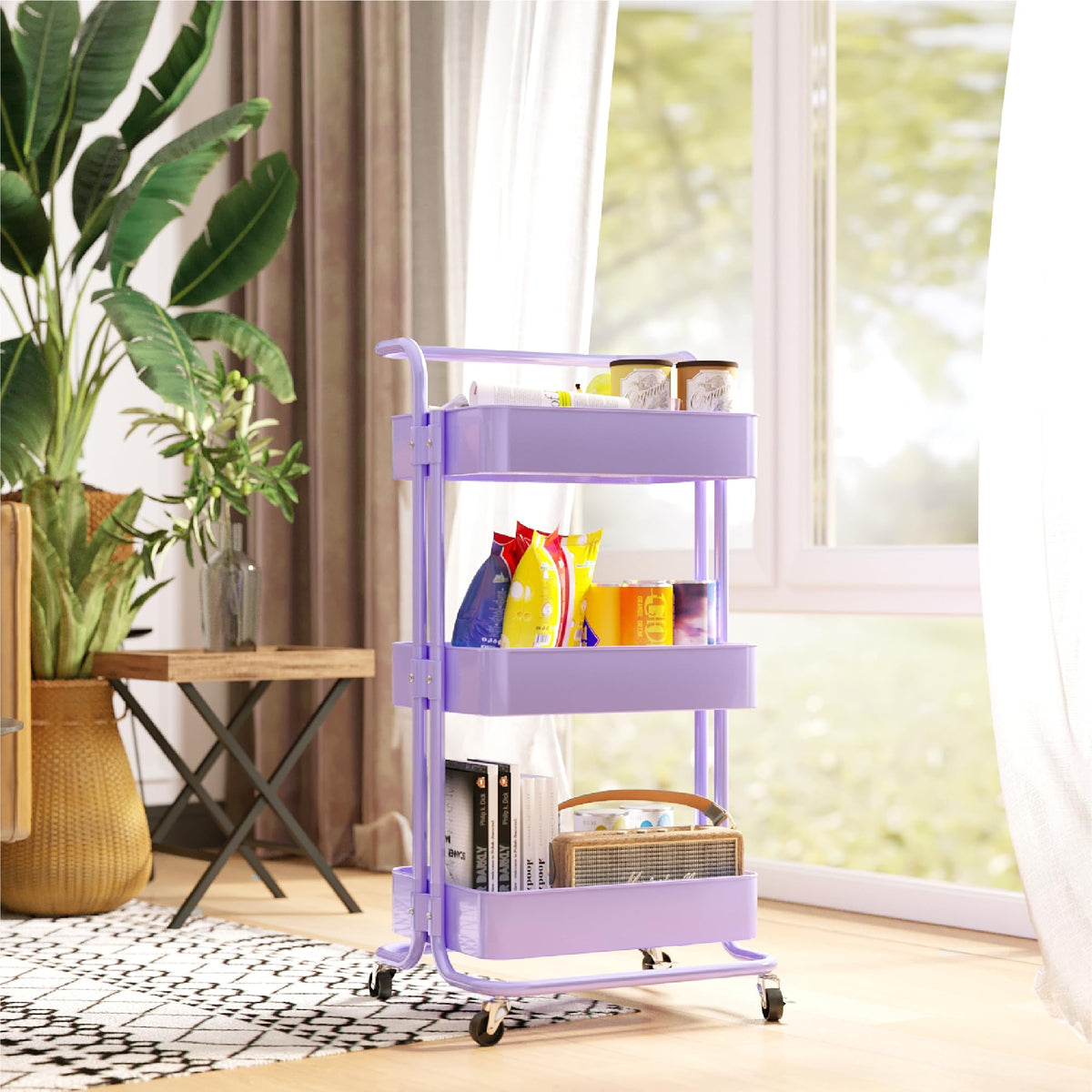 Mzzelry Metal Rolling Storage Cart, 3-Tier Utility Cart with Wheels, Multifunctional Organizer