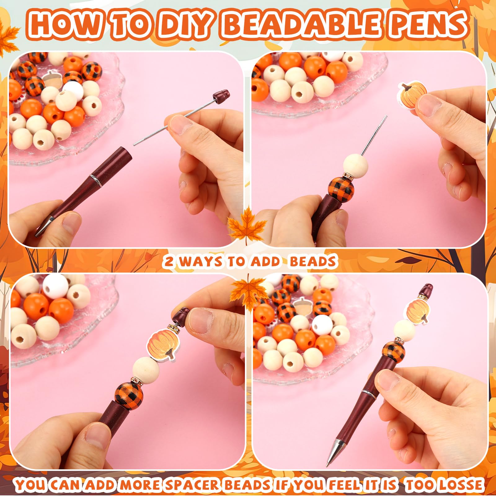 Zhanmai 197 Pcs Fall Bead Pens Kit Pumpkin, 24 Beadable Ballpoint Pens