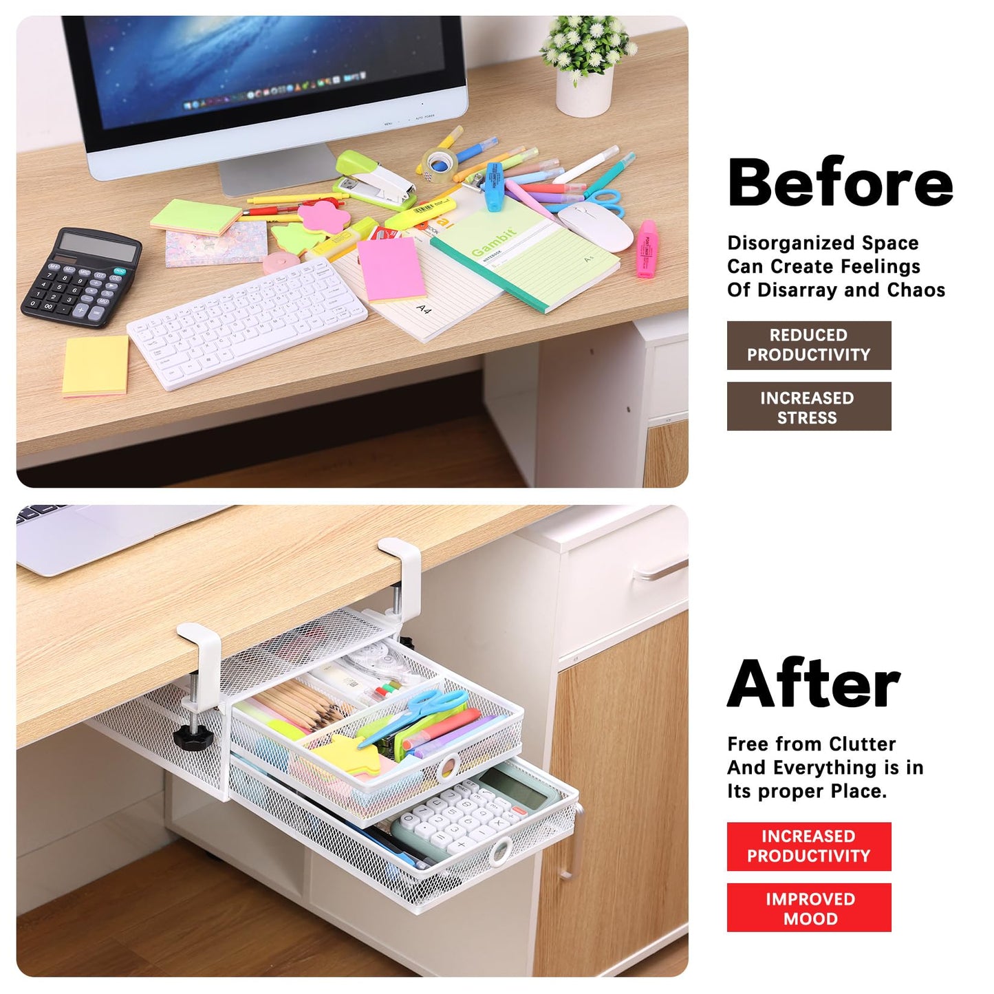 Under Desk Drawer, Clamp on Desk Organizer Slide Out Table Storage No Drill