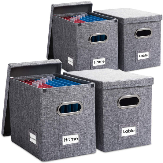 PRANDOM File Organizer Box - Set of 4 Collapsible Decorative Linen Filing Storage Hanging File