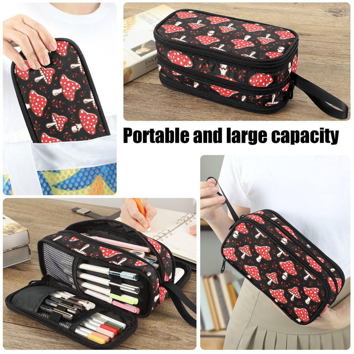 Fustylead Amanita Red Mushroom Pen Pencil Case Makeup Pouch Big Capacity Multi-Purpose Travel Bag