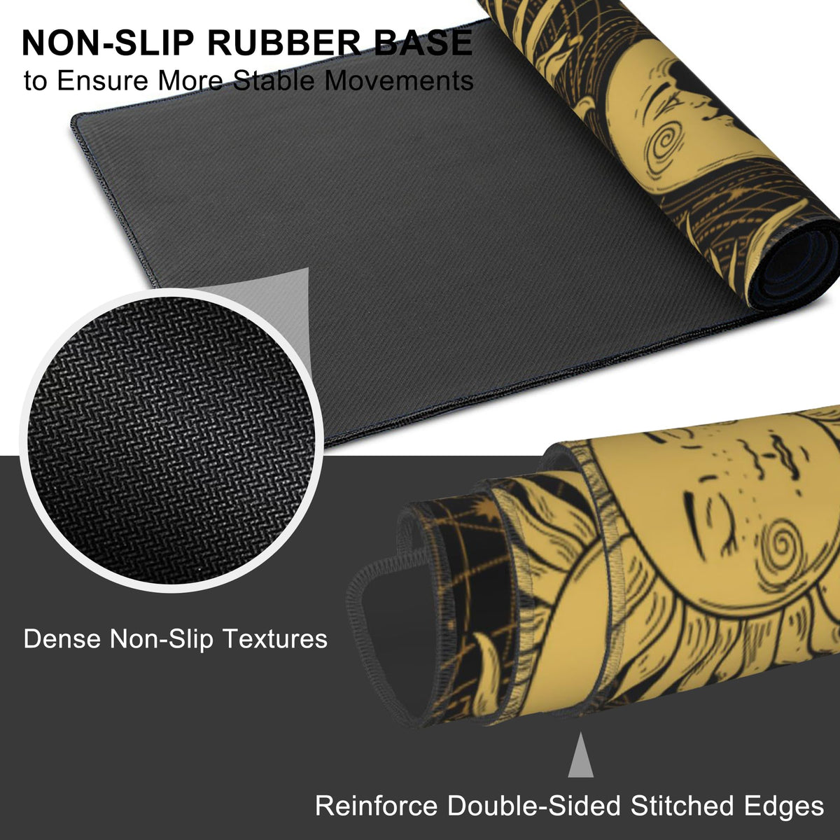 Mouse Pad, Large Golden Sun and Crescent Desk Mat, Extended Non-Slip Gaming Keyboard Mousepad Desk