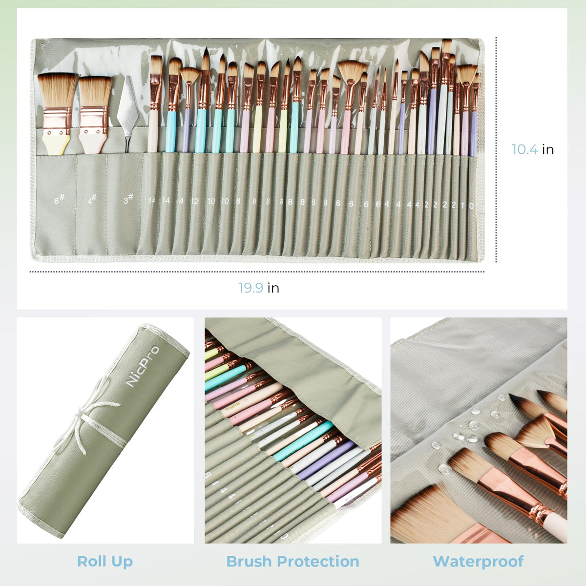 Nicpro 30pcs Paint Brush Set, Aesthetic Pastel Paintbrushes with Paint Spatula and Cloth Roll