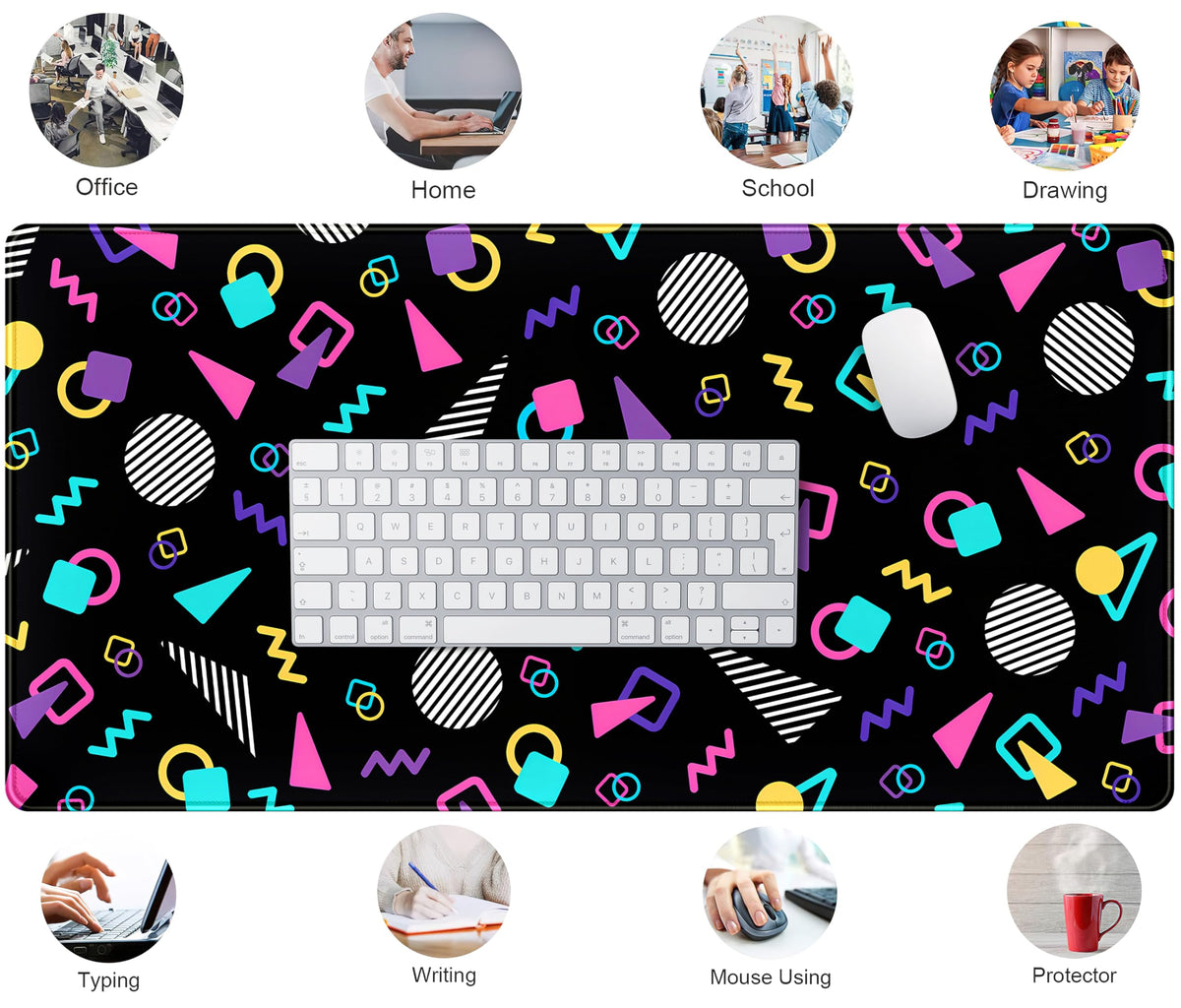 Retro 80s Desk Mat, Cute 90s XXL Large Gaming Mouse Pad, Black Boho Desk Pad with Stitched Edges