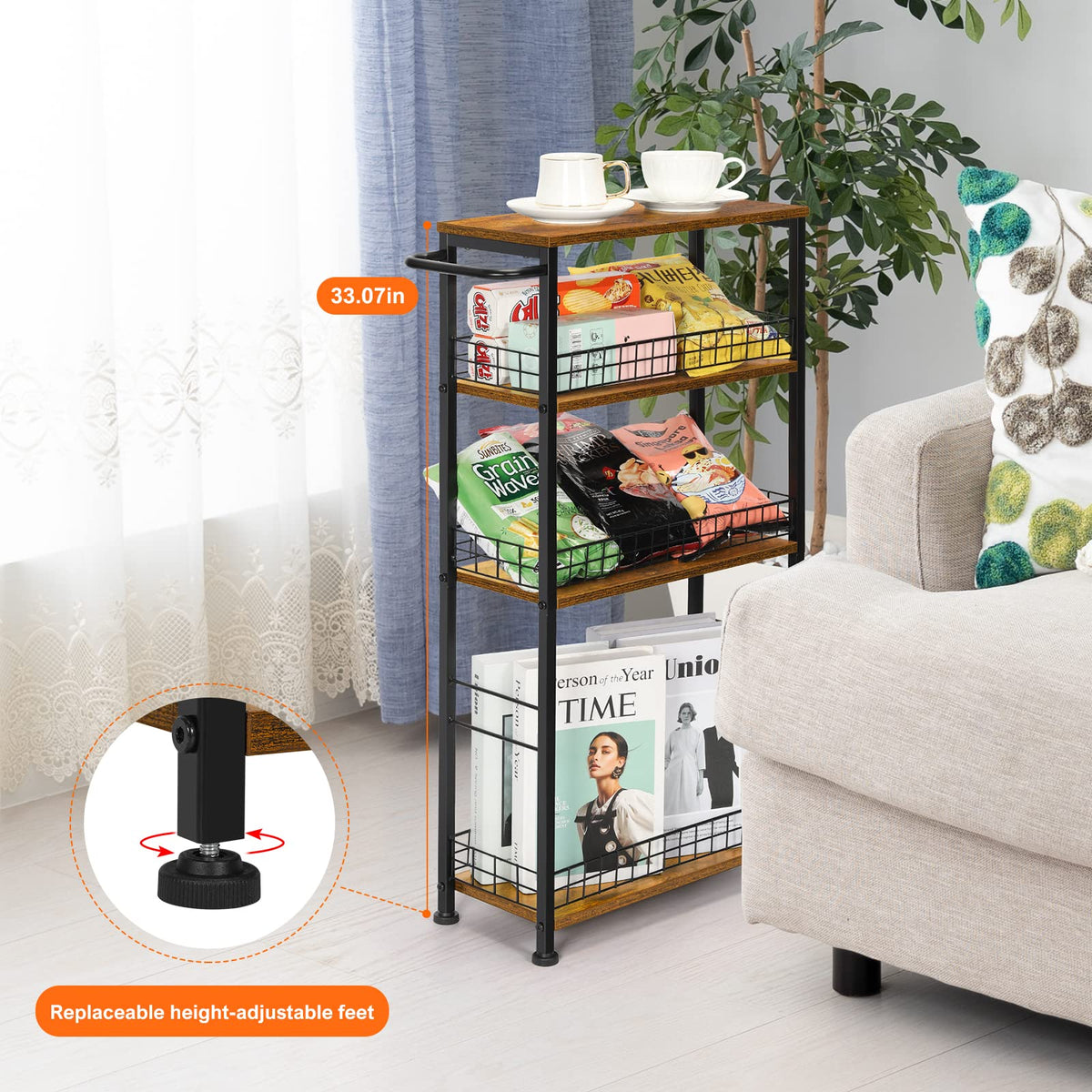 YBING Slim Storage Cart 4 Tier Narrow Kitchen Rolling Cart