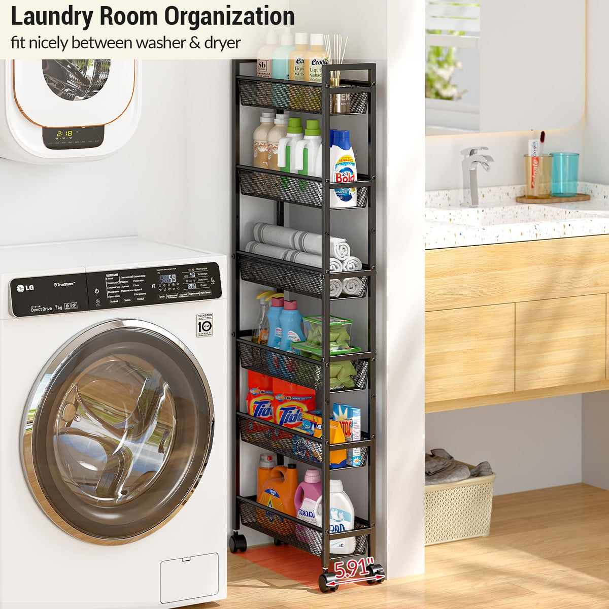 ThreeHio 6 Tier Slim Storage Cart, Narrow Cart with Wheels, Metal Mobile Shelving Unit Organizer