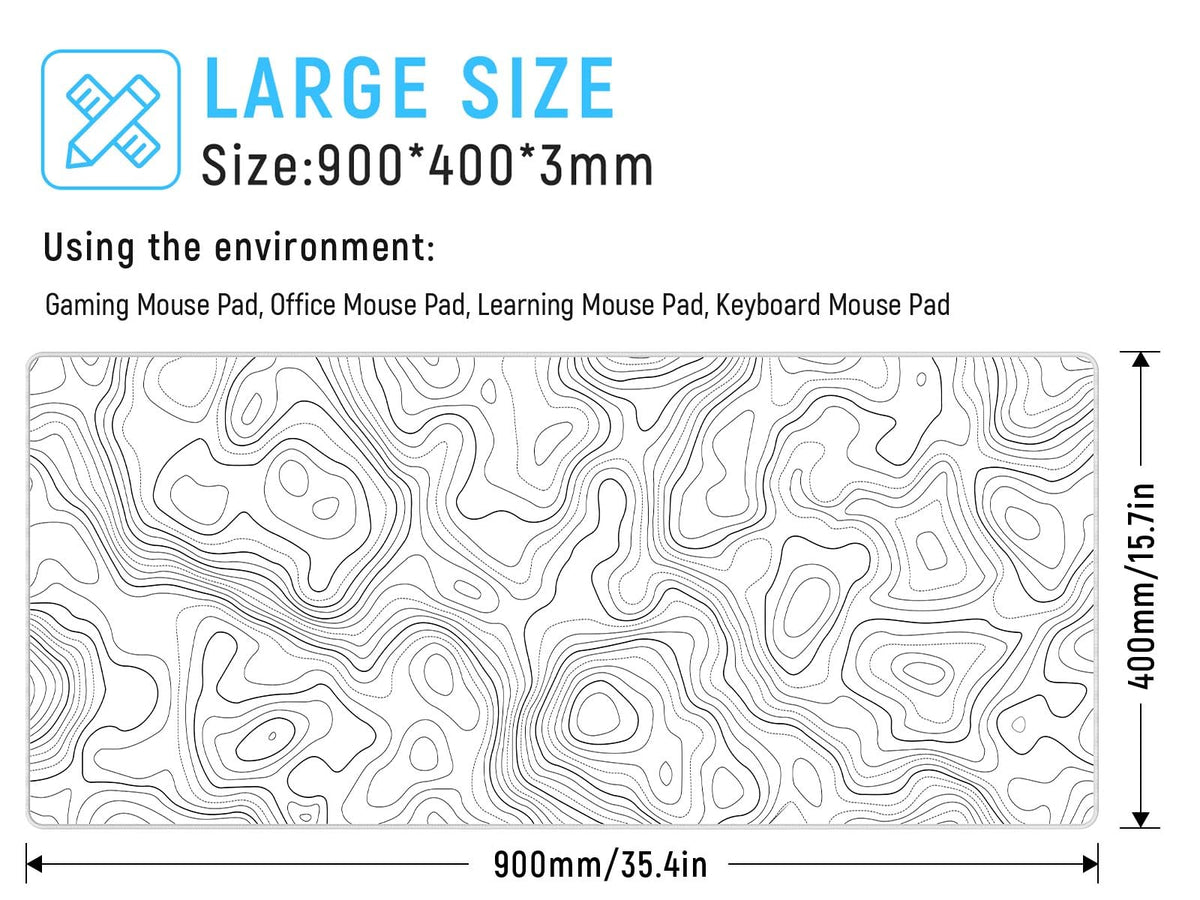 JIALONG White Topographic Large Gaming Mouse Pad, XXL Mousepad, Big Mouse Mat Desk Pad for Keyboard