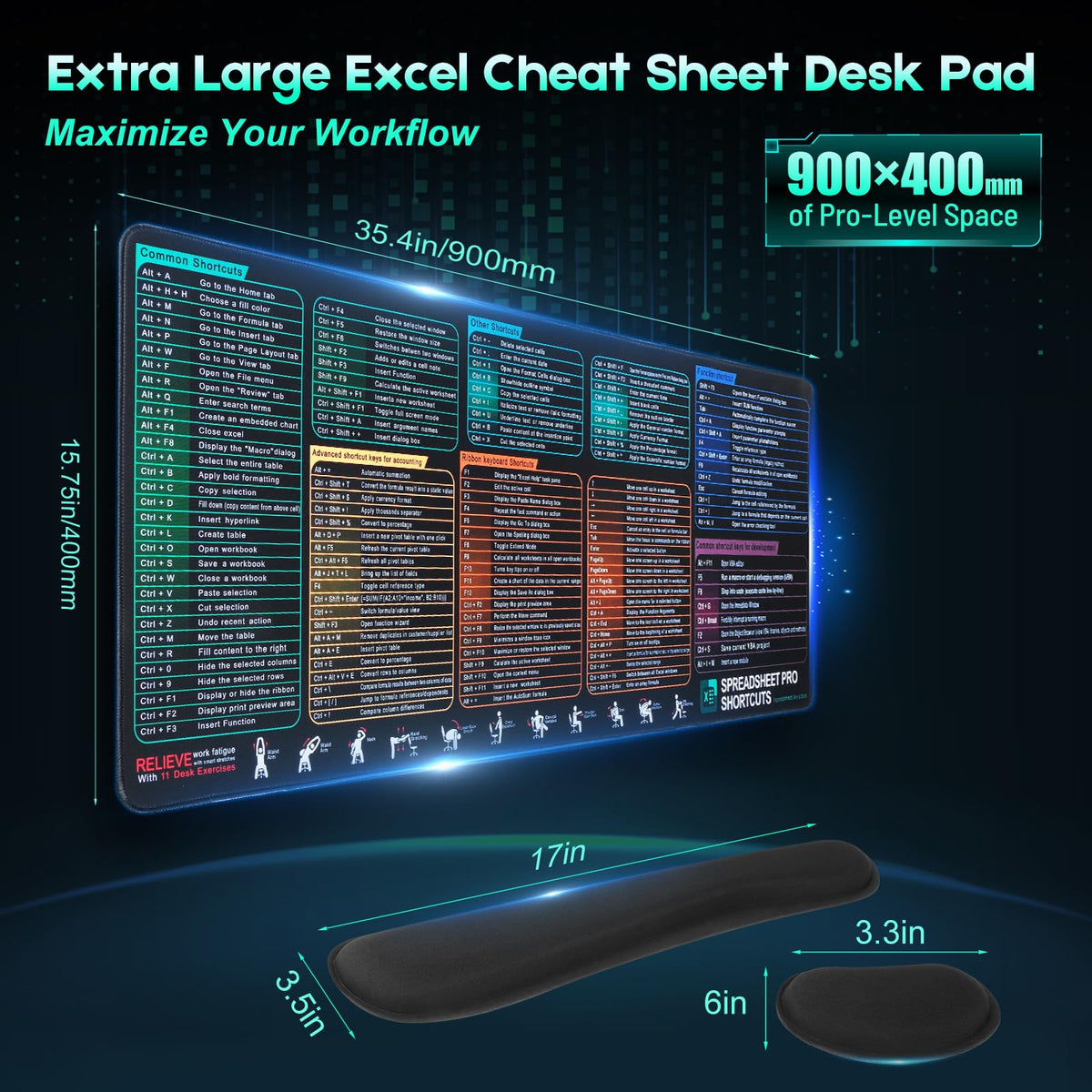 Excel Cheat Sheet Mouse Pad Set | 3-Piece XXL Ergonomic Desk Mat with Wrist Rest for Office &