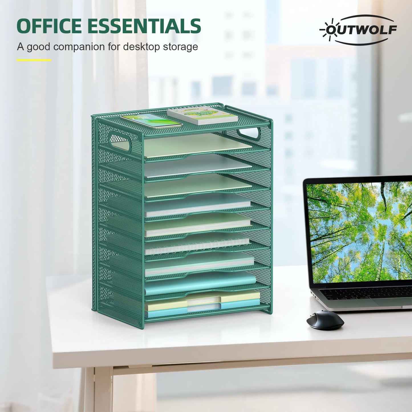 OUTWOLF 10 Tier Paper Organizer - Letter Tray Mesh Desk File Organizer with Handles for Office