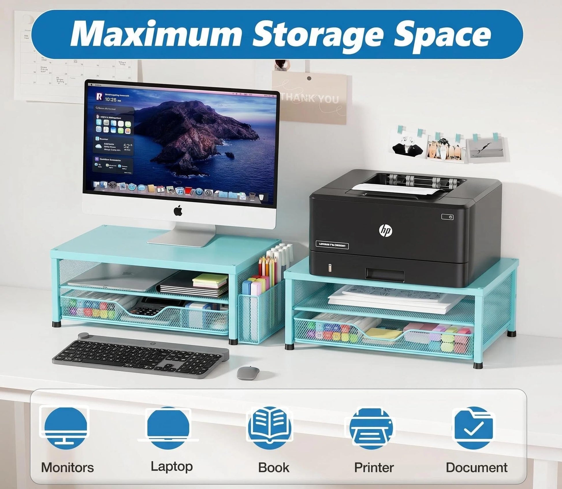 OPNICE Computer Monitor Stand Riser, Desk Organizer with Drawer, Printer & Laptop Stand, Office