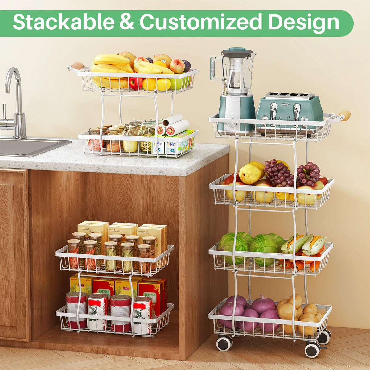 SAYZH 4-Tier Fruit Basket Stand with Vegetable Baskets for Kitchen, White