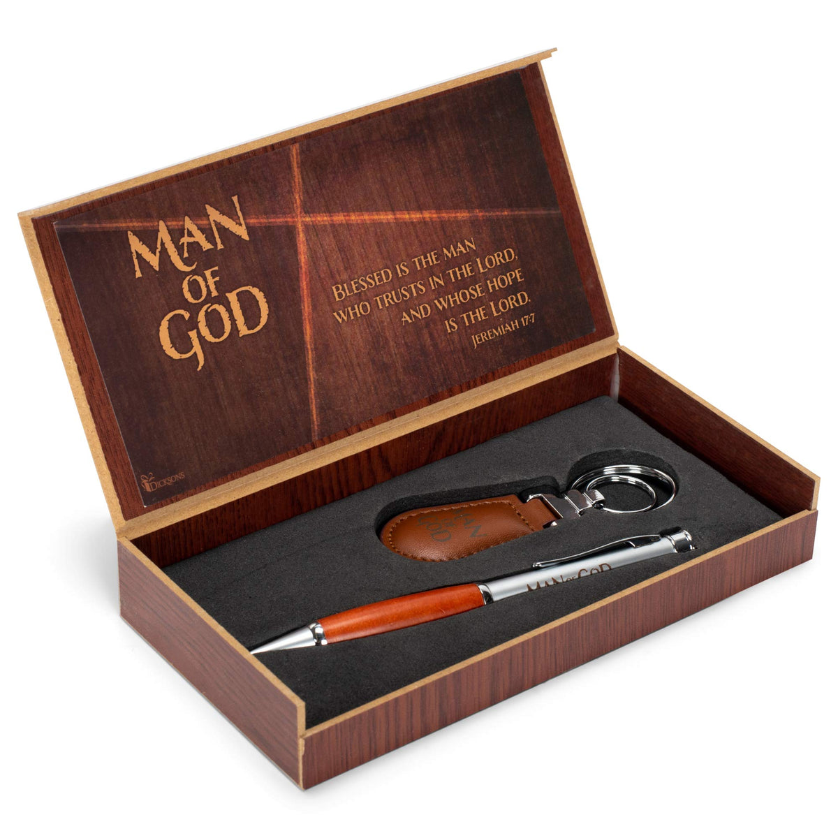 Dicksons Man of God 2 Piece Metal Woodgrain Ballpoint Pen and Leatherette Keychain Gift Boxed Set