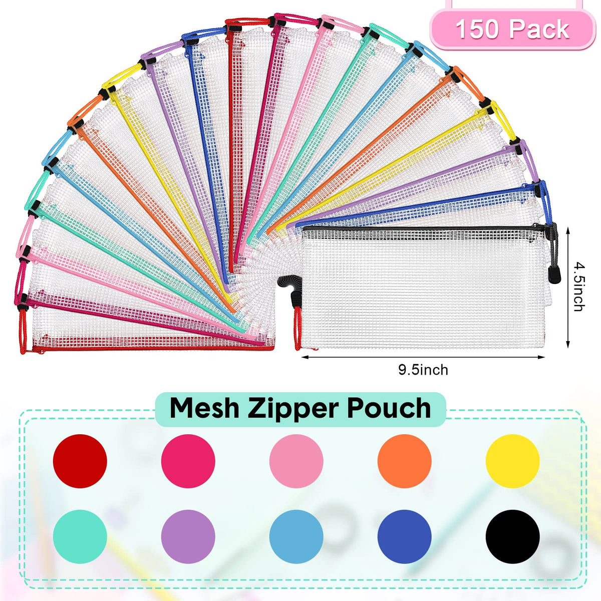 Harloon 150 Pack Clear Pencil Pouches Bulk, 9.5'' x 4.5'',10 Colors