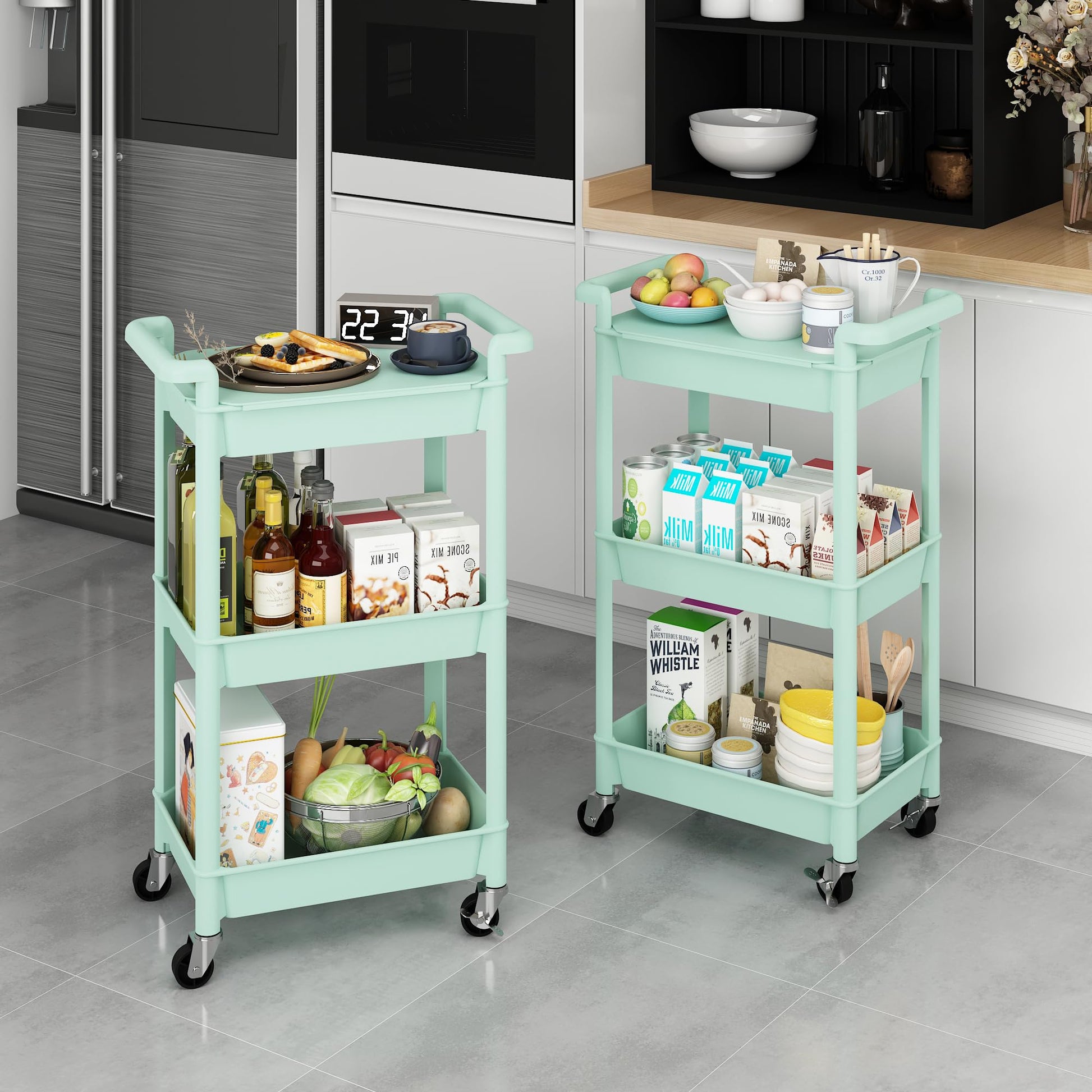 MIOCASA 3-Tier Utility Rolling Cart with Cover Top Board, Kitchen Storage Organization, Art Cart
