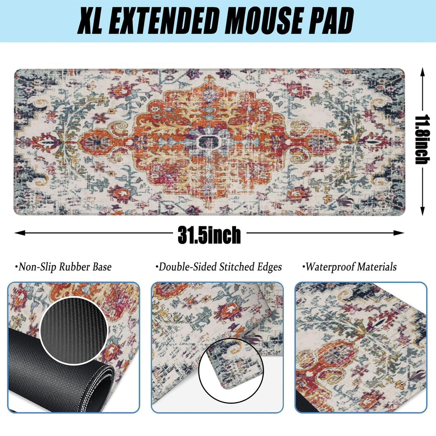 Large Gaming Mouse Pad for Desk,Boho Carpet Style Desk Mat for Desktop,Boho Rug Desk Pad, Extended
