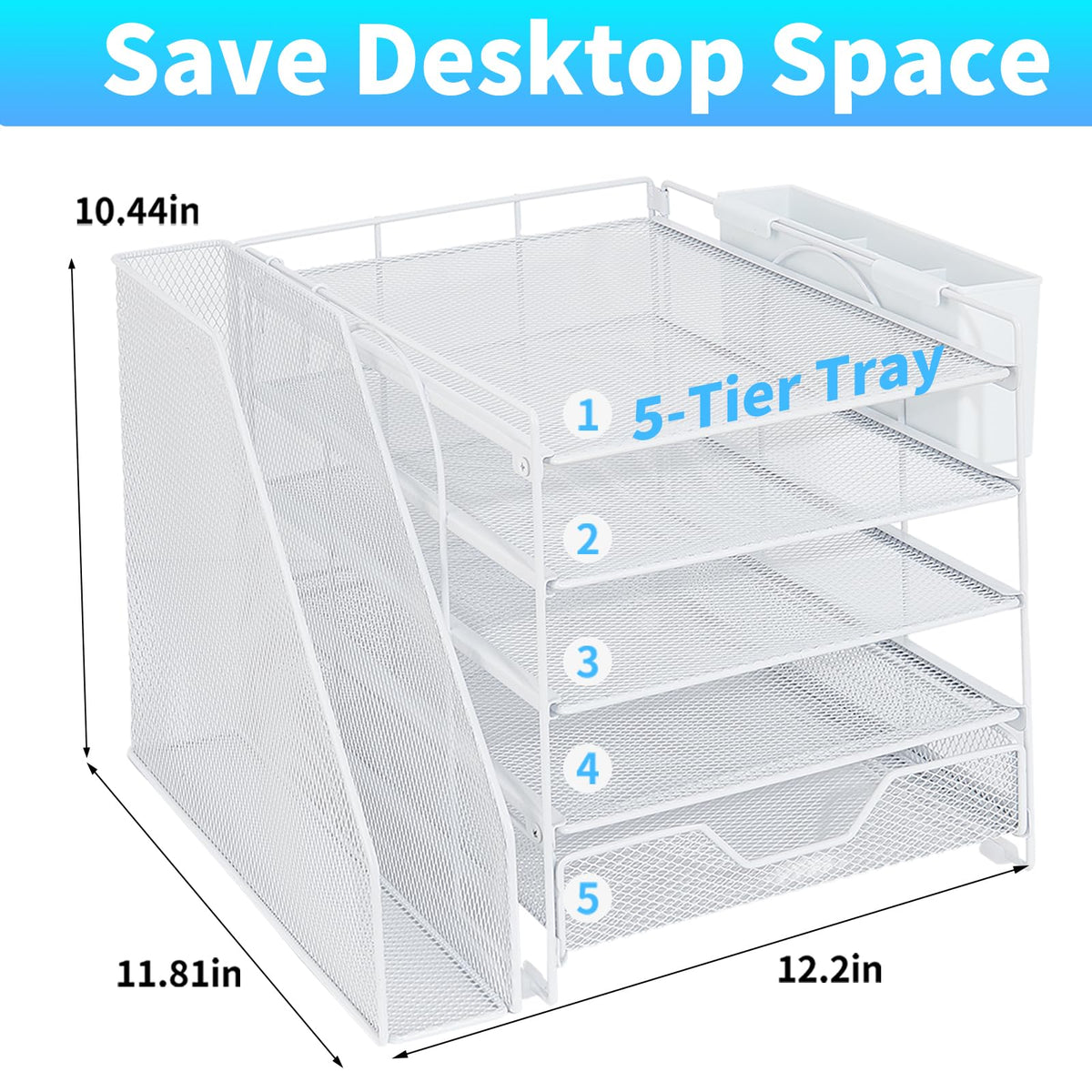 Gugsey 5-Tier Desk File Organizer with Drawer & Pen Holder (White)
